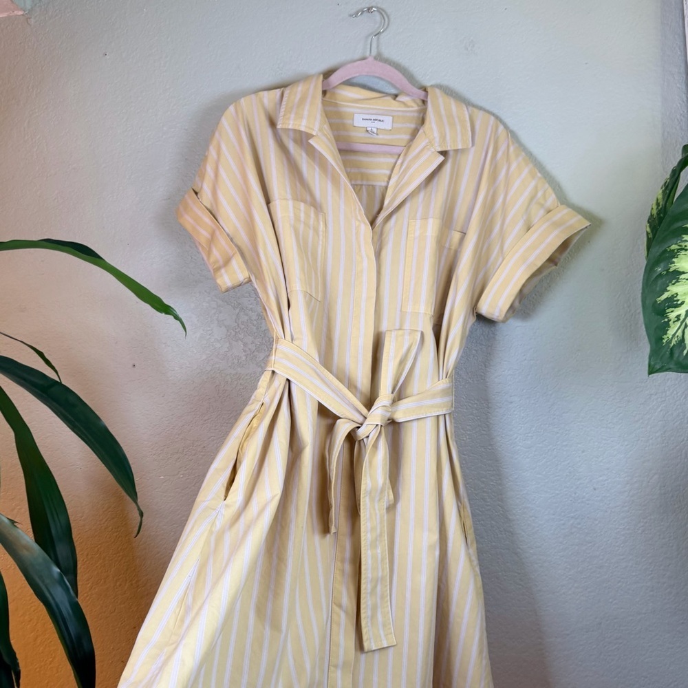 Banana Republic Cotton Butter Yellow White Striped Button Down V Neck Dress L - Picture 6 of 12